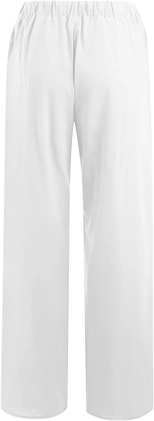 Linen Pants for Women Summer Drawstring Pockets Wide Leg Loose Casual Cotton Linen Palazzo Pants Clothes Casual