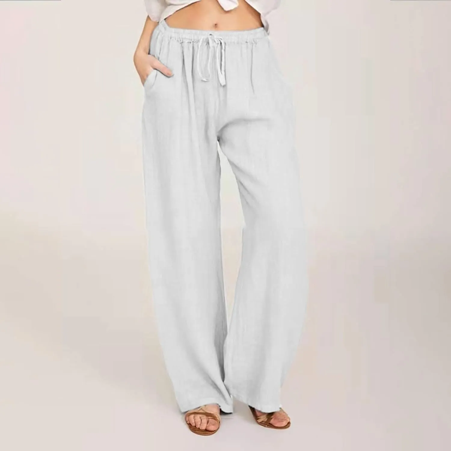 Linen Pants for Women Summer Drawstring Pockets Wide Leg Loose Casual Cotton Linen Palazzo Pants Clothes Casual