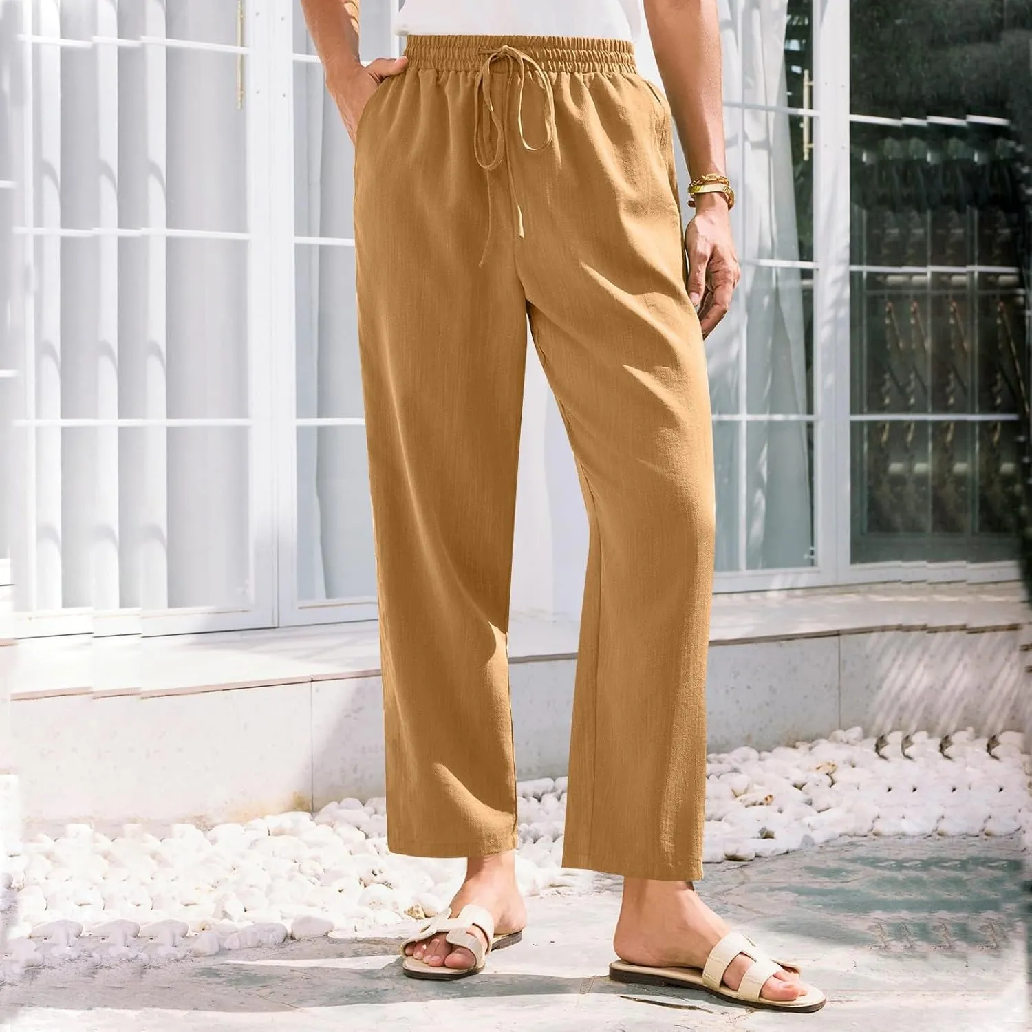 Linen Pants Women Summer Flowy Wide Leg Drawstring Casual Trousers with Pockets Beach Vacation Basic Outfits