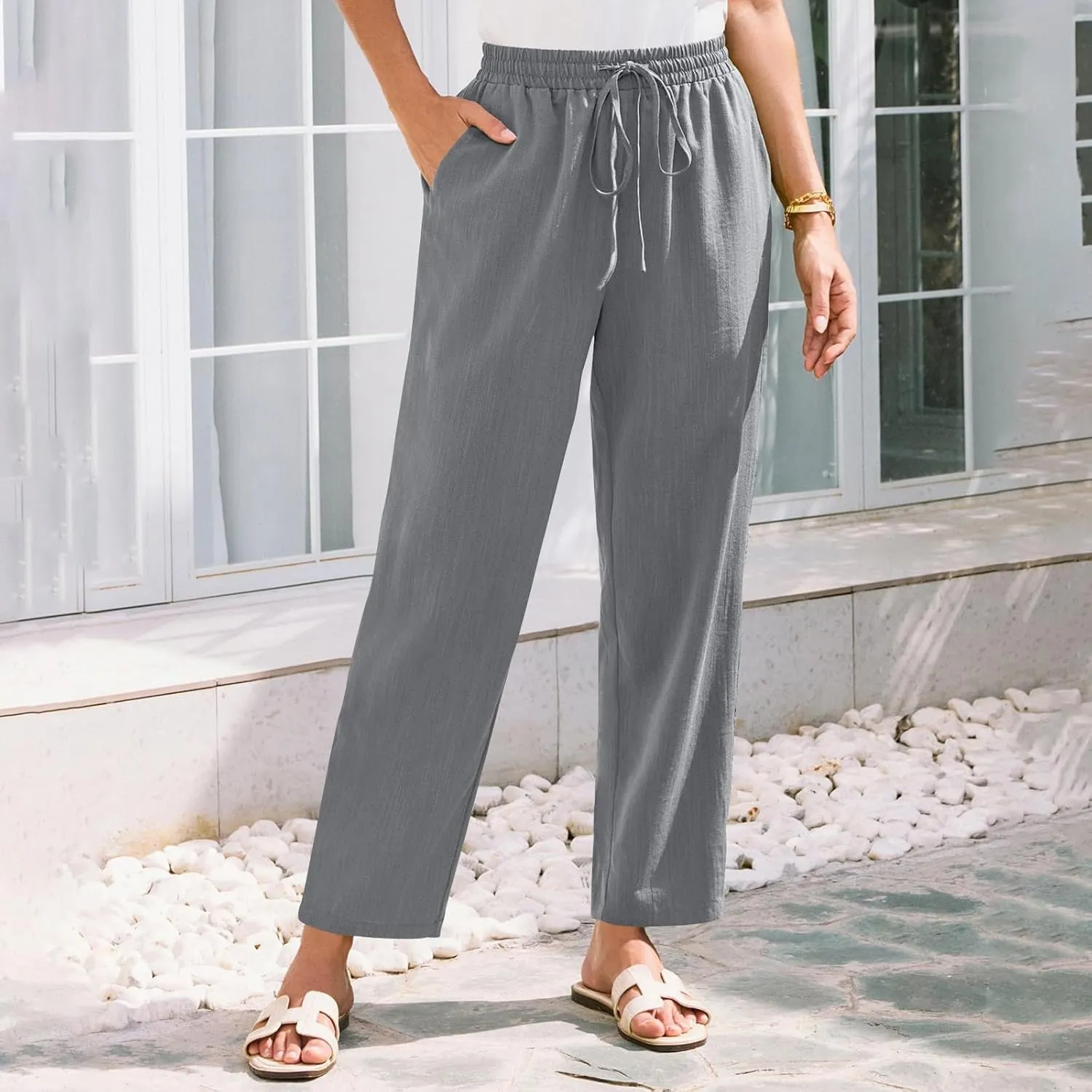 Linen Pants Women Summer Flowy Wide Leg Drawstring Casual Trousers with Pockets Beach Vacation Basic Outfits