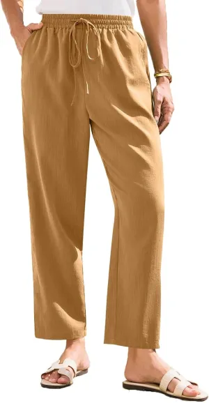 Linen Pants Women Summer Flowy Wide Leg Drawstring Casual Trousers with Pockets Beach Vacation Basic Outfits