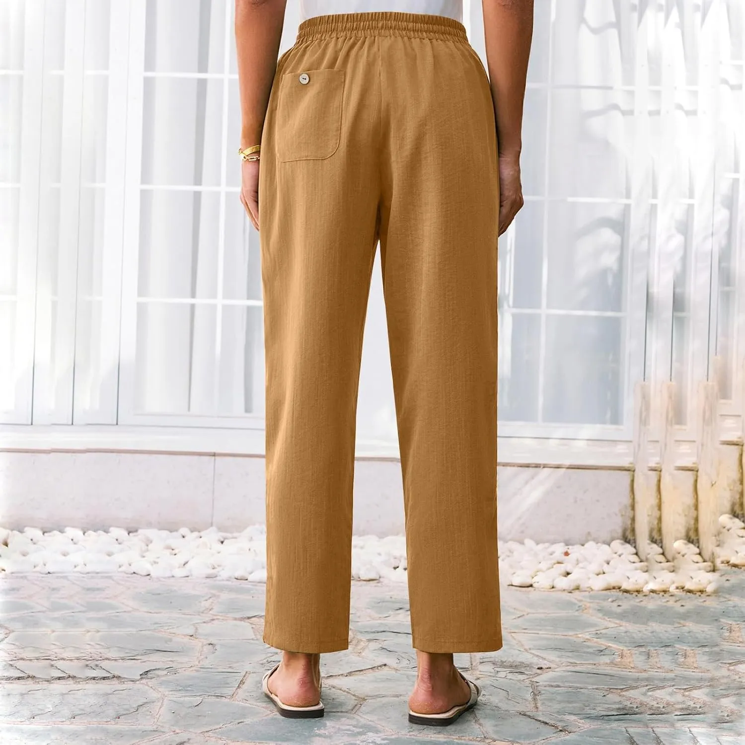 Linen Pants Women Summer Flowy Wide Leg Drawstring Casual Trousers with Pockets Beach Vacation Basic Outfits