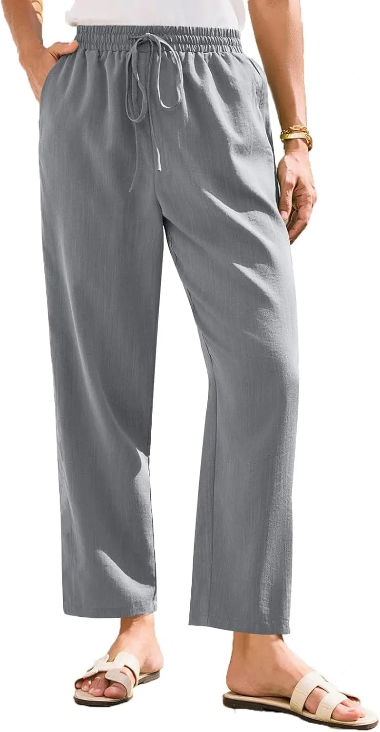Linen Pants Women Summer Flowy Wide Leg Drawstring Casual Trousers with Pockets Beach Vacation Basic Outfits
