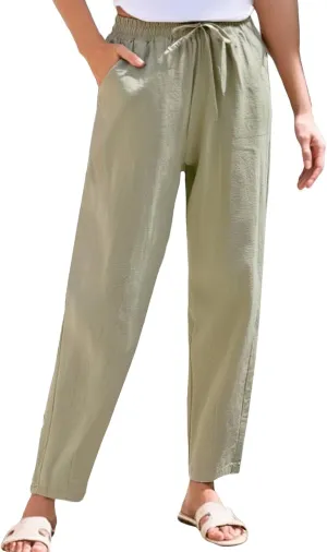 Linen Pants Women Summer Flowy Wide Leg Drawstring Casual Trousers with Pockets Beach Vacation Basic Outfits