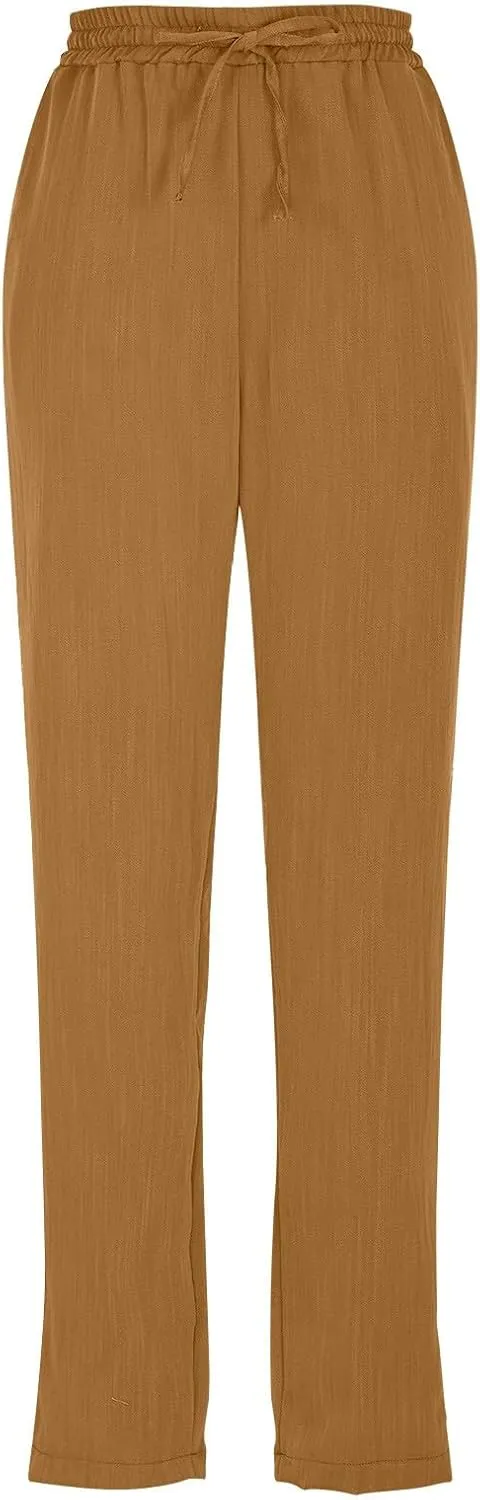 Linen Pants Women Summer Flowy Wide Leg Drawstring Casual Trousers with Pockets Beach Vacation Basic Outfits