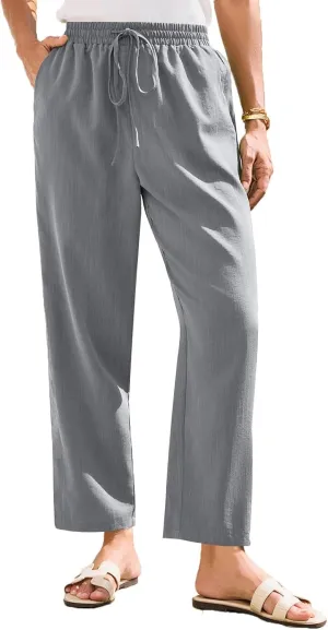 Linen Pants Women Summer Flowy Wide Leg Drawstring Casual Trousers with Pockets Beach Vacation Basic Outfits