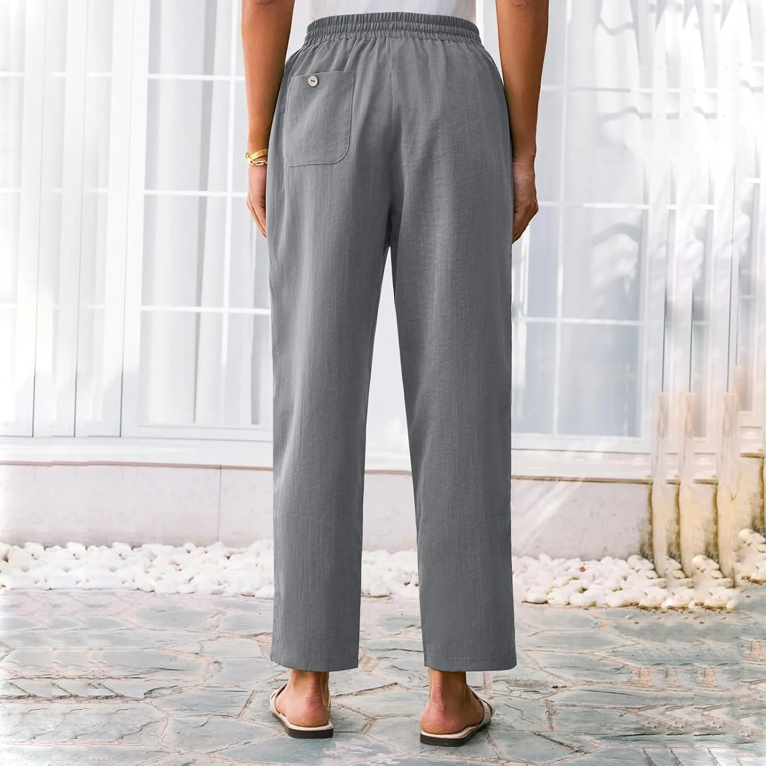 Linen Pants Women Summer Flowy Wide Leg Drawstring Casual Trousers with Pockets Beach Vacation Basic Outfits