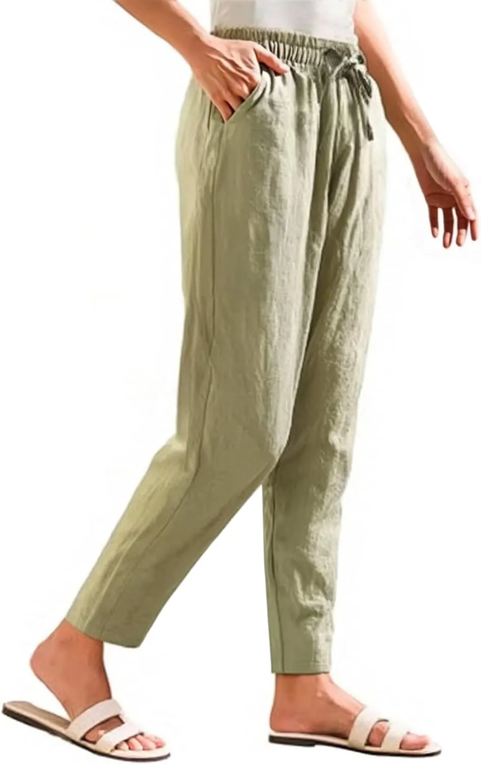 Linen Pants Women Summer Flowy Wide Leg Drawstring Casual Trousers with Pockets Beach Vacation Basic Outfits