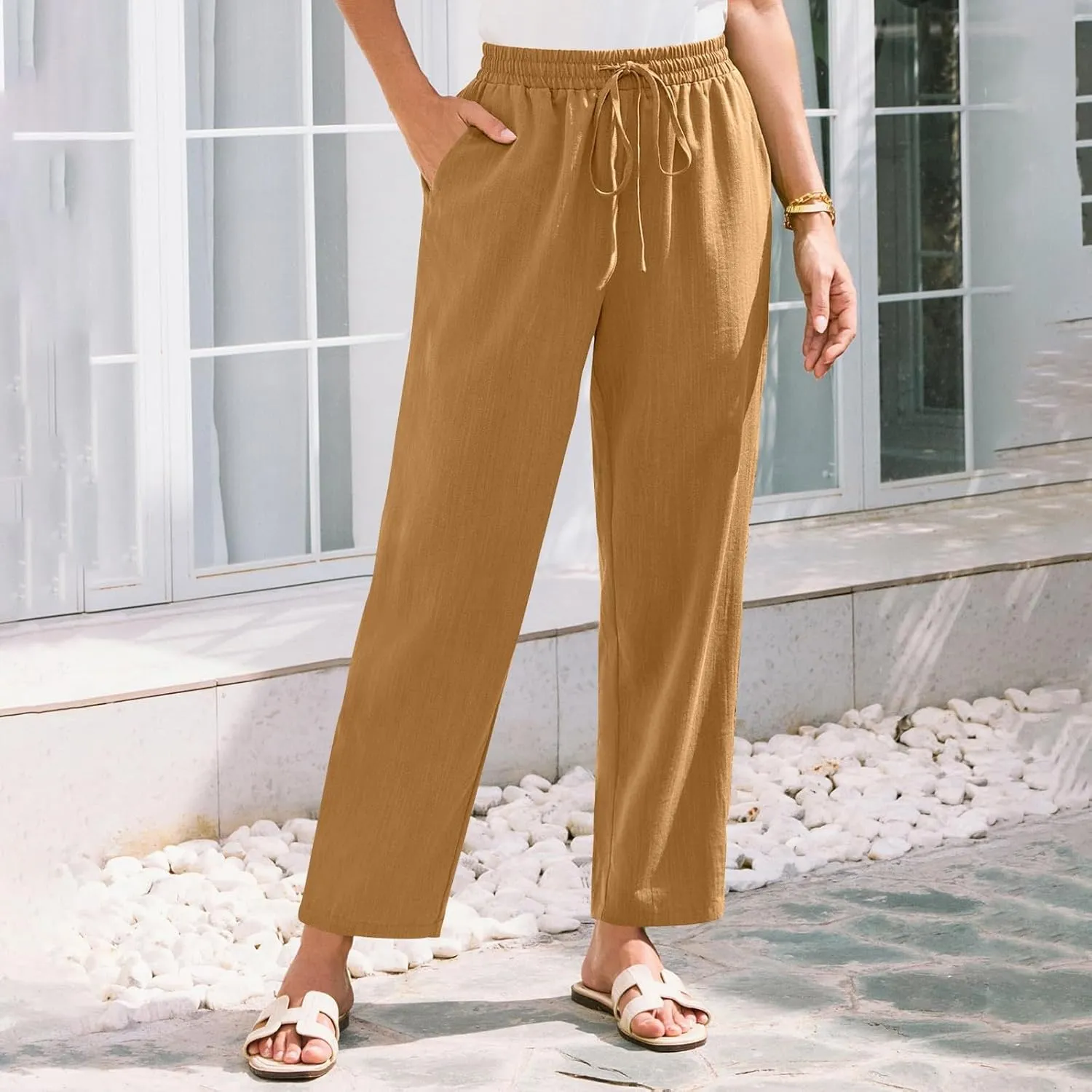 Linen Pants Women Summer Flowy Wide Leg Drawstring Casual Trousers with Pockets Beach Vacation Basic Outfits