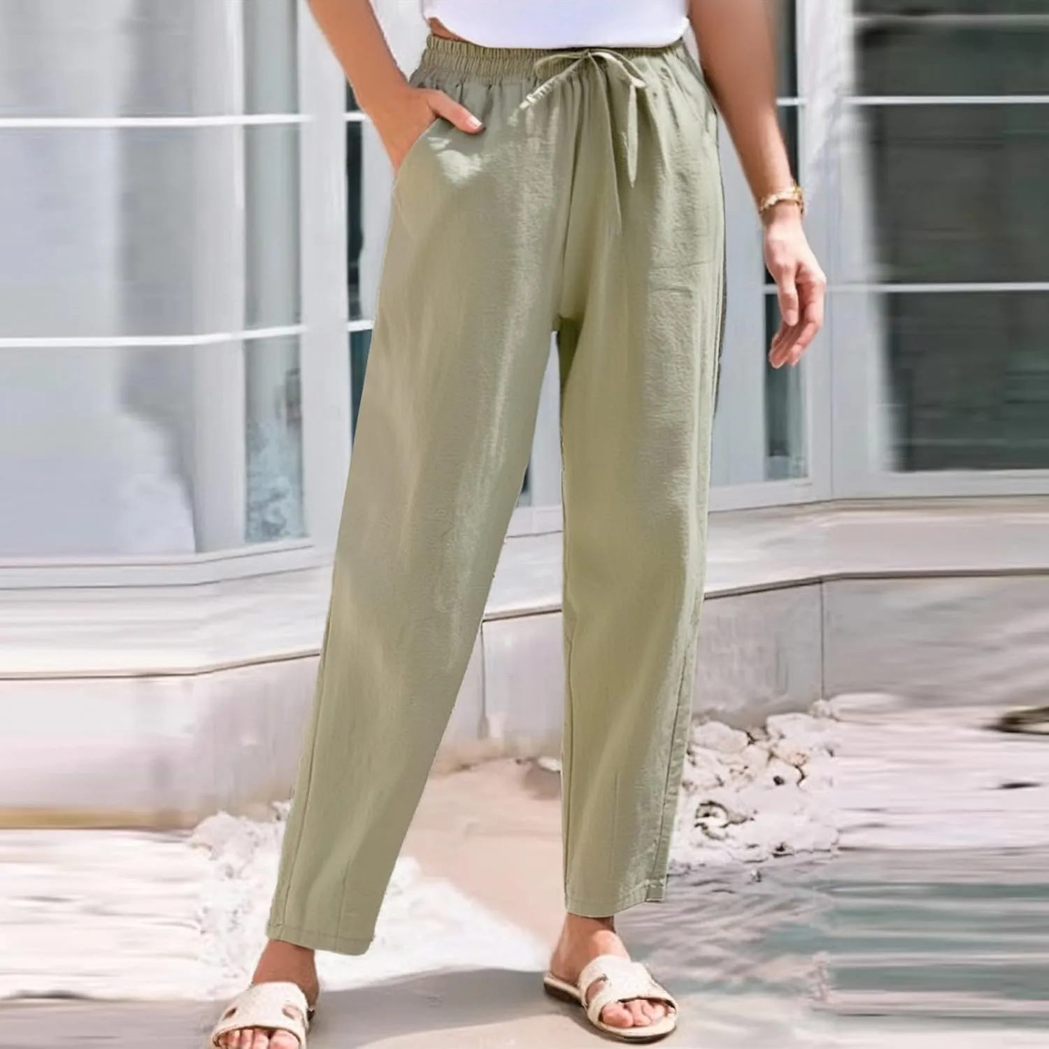 Linen Pants Women Summer Flowy Wide Leg Drawstring Casual Trousers with Pockets Beach Vacation Basic Outfits