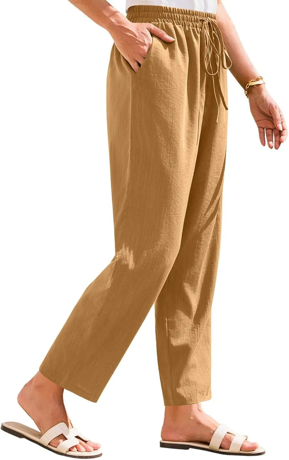 Linen Pants Women Summer Flowy Wide Leg Drawstring Casual Trousers with Pockets Beach Vacation Basic Outfits