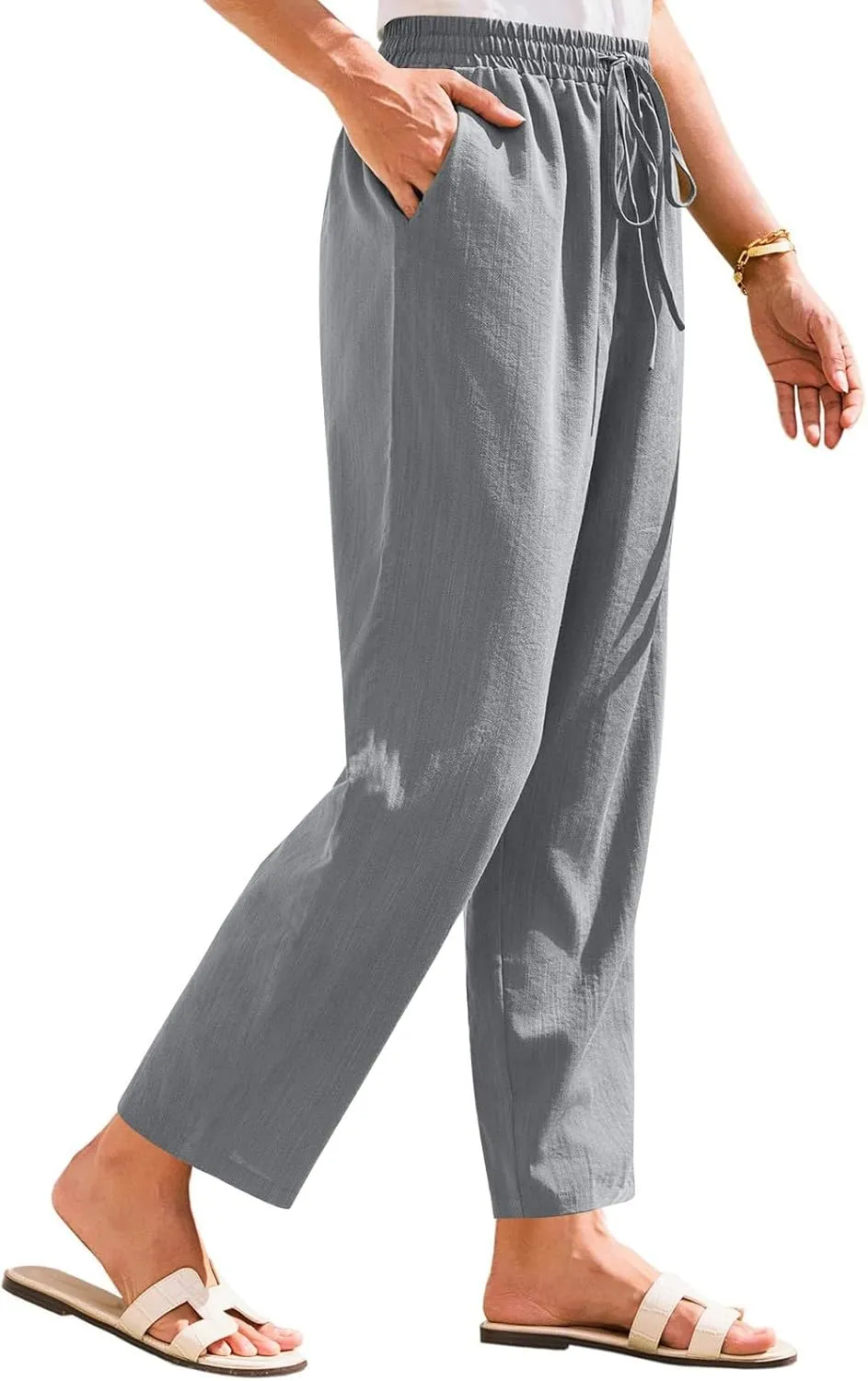 Linen Pants Women Summer Flowy Wide Leg Drawstring Casual Trousers with Pockets Beach Vacation Basic Outfits