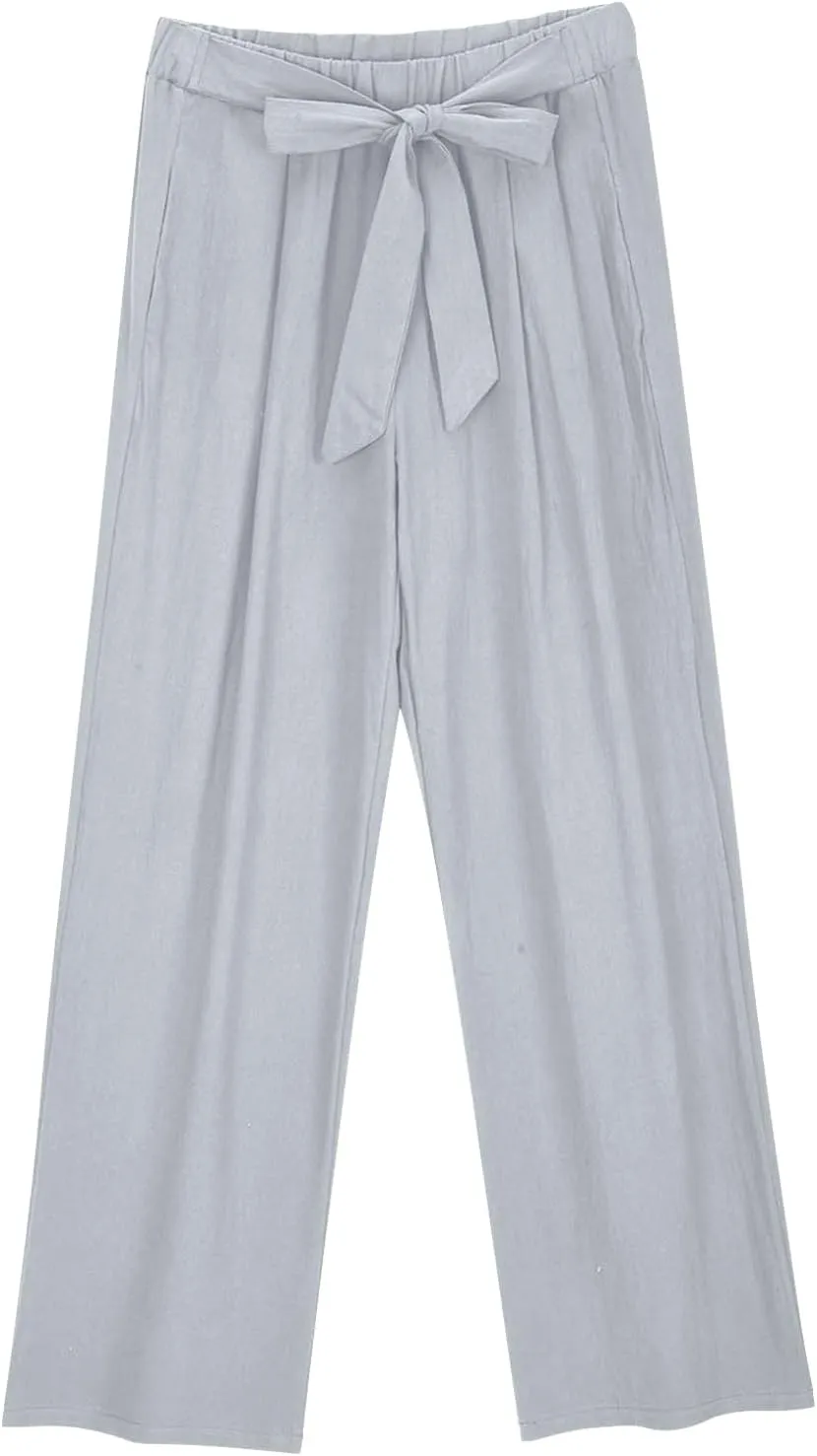 Linen Pants Women Wide Leg Palazzo Pants Lounge Beach Summer Cropped Drawstring Trousers Clothes with Pockets