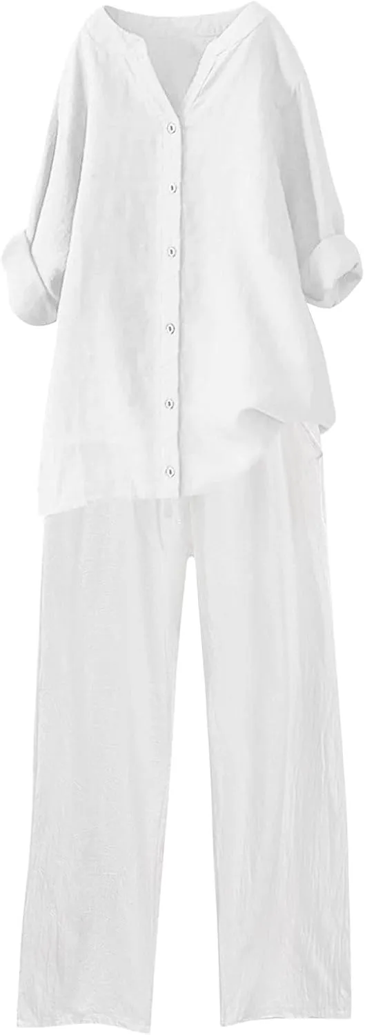 Linen Sets For Women 2 Piece Linen Two Piece Set Plus Size Lounge Matching Business Casual Summer Outfits For Women