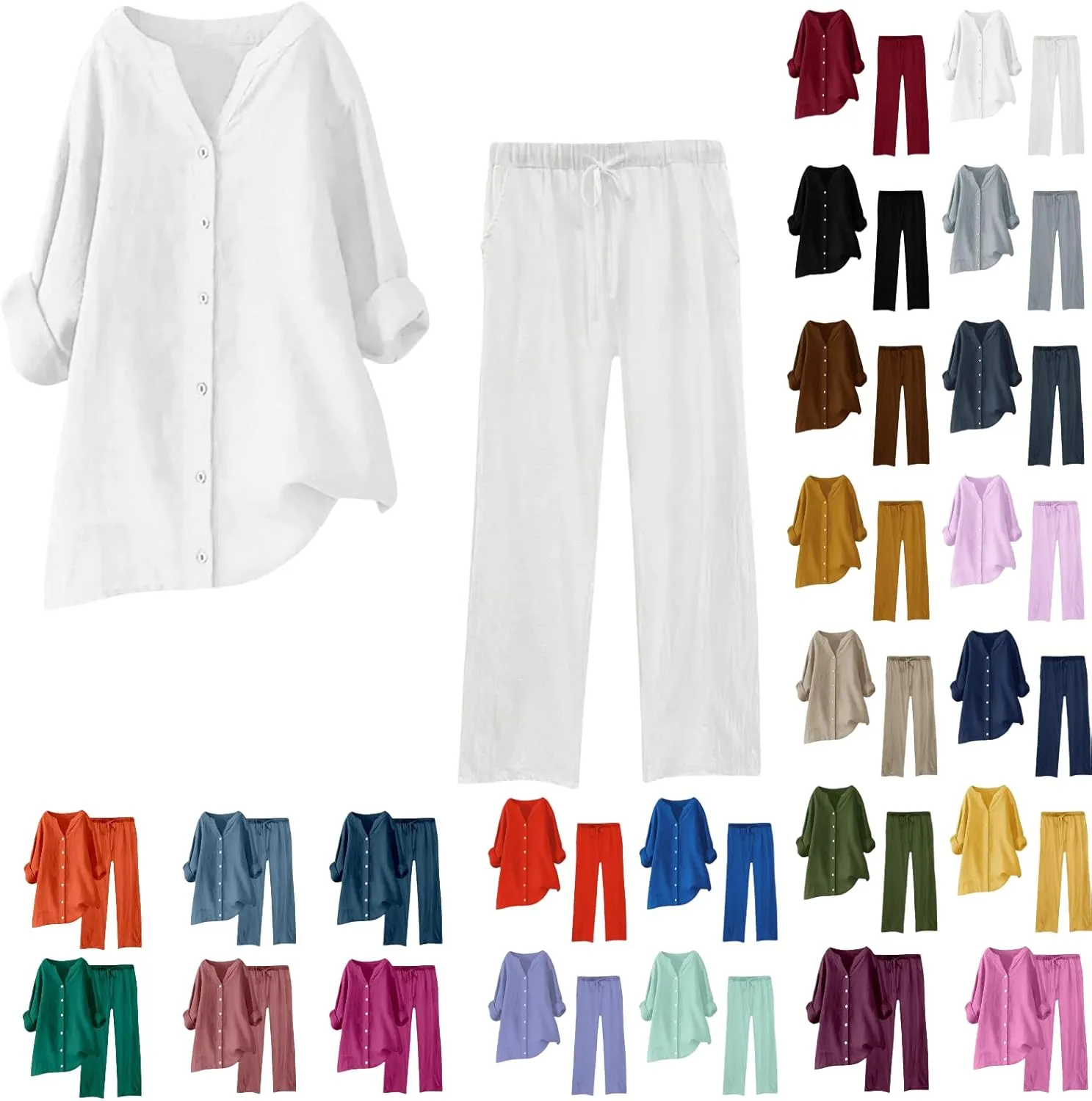 Linen Sets For Women 2 Piece Linen Two Piece Set Plus Size Lounge Matching Business Casual Summer Outfits For Women