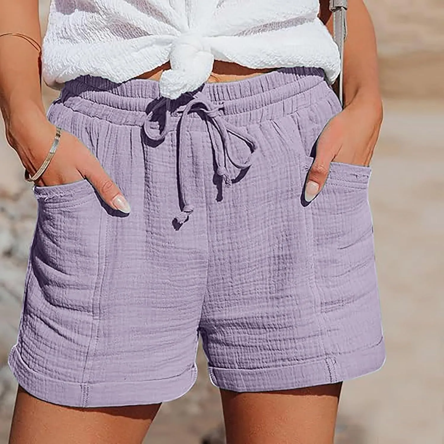 Linen Shorts for Women Elastic Waist Straight Leg Trendy Shorts with Pockets Summer Vacation