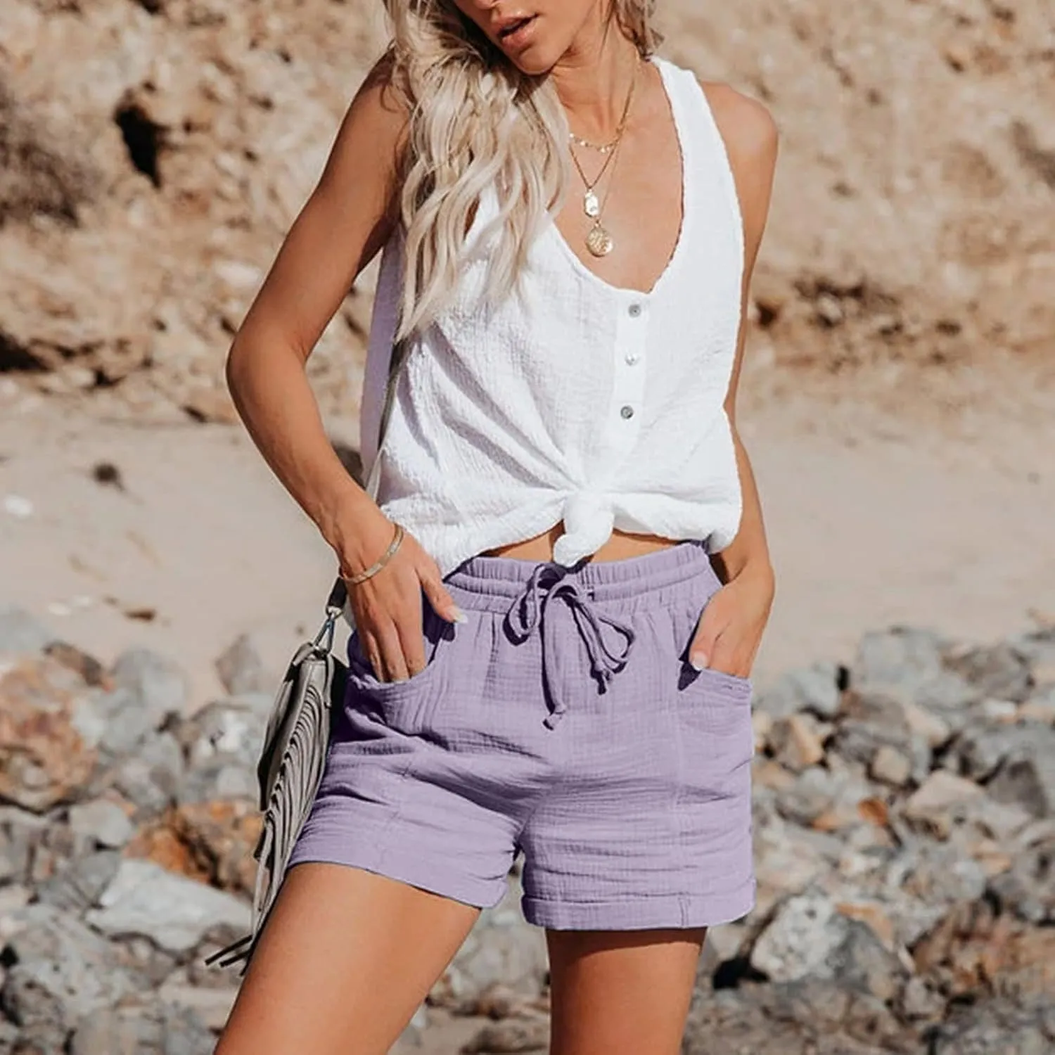 Linen Shorts for Women Elastic Waist Straight Leg Trendy Shorts with Pockets Summer Vacation