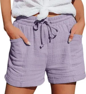 Linen Shorts for Women Elastic Waist Straight Leg Trendy Shorts with Pockets Summer Vacation