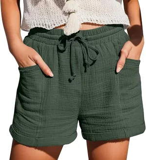 Linen Shorts for Women Elastic Waist Straight Leg Trendy Shorts with Pockets Summer Vacation