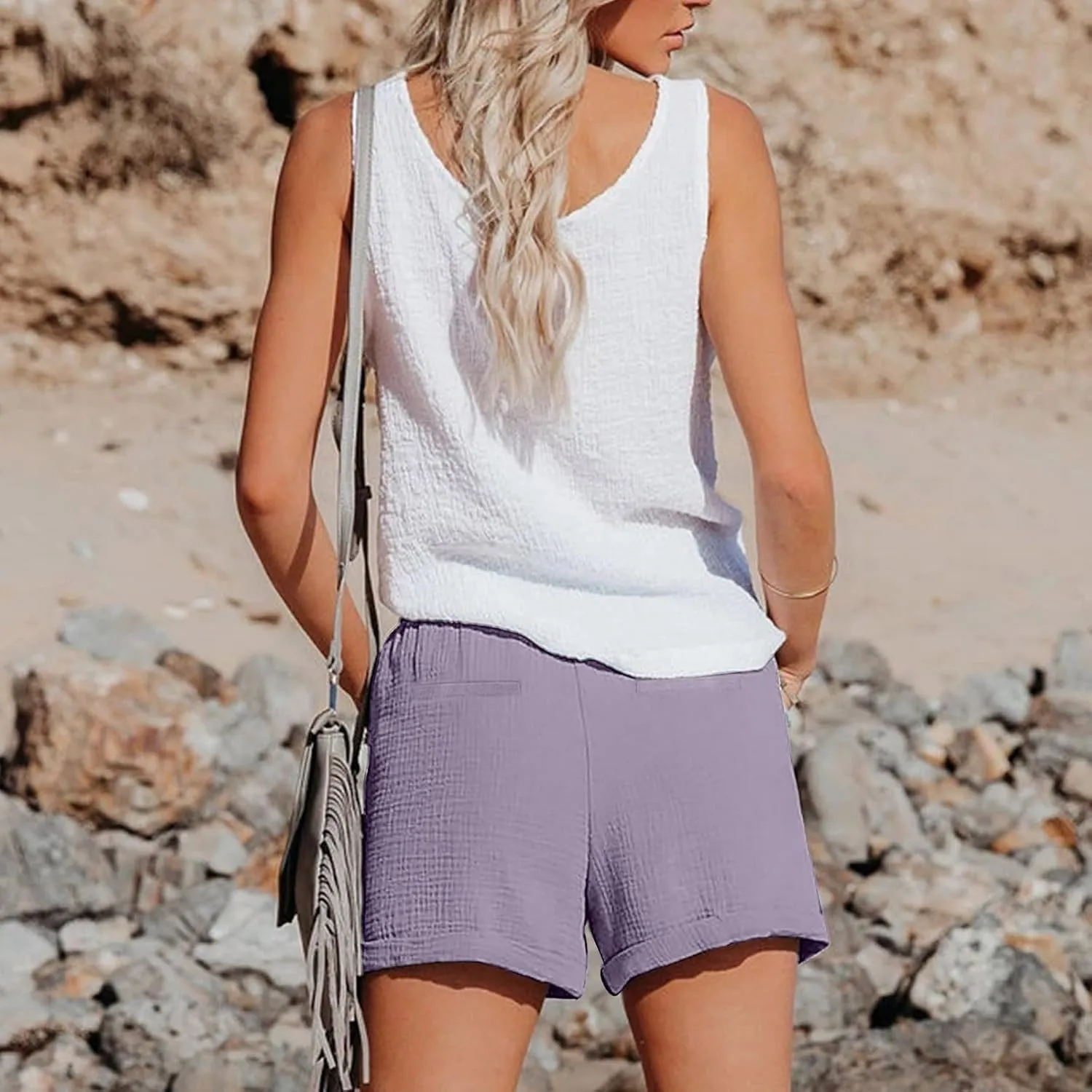 Linen Shorts for Women Elastic Waist Straight Leg Trendy Shorts with Pockets Summer Vacation
