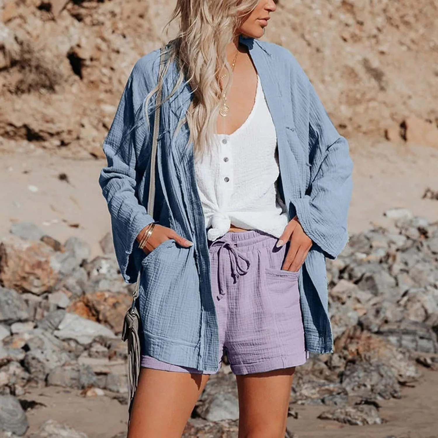 Linen Shorts for Women Elastic Waist Straight Leg Trendy Shorts with Pockets Summer Vacation