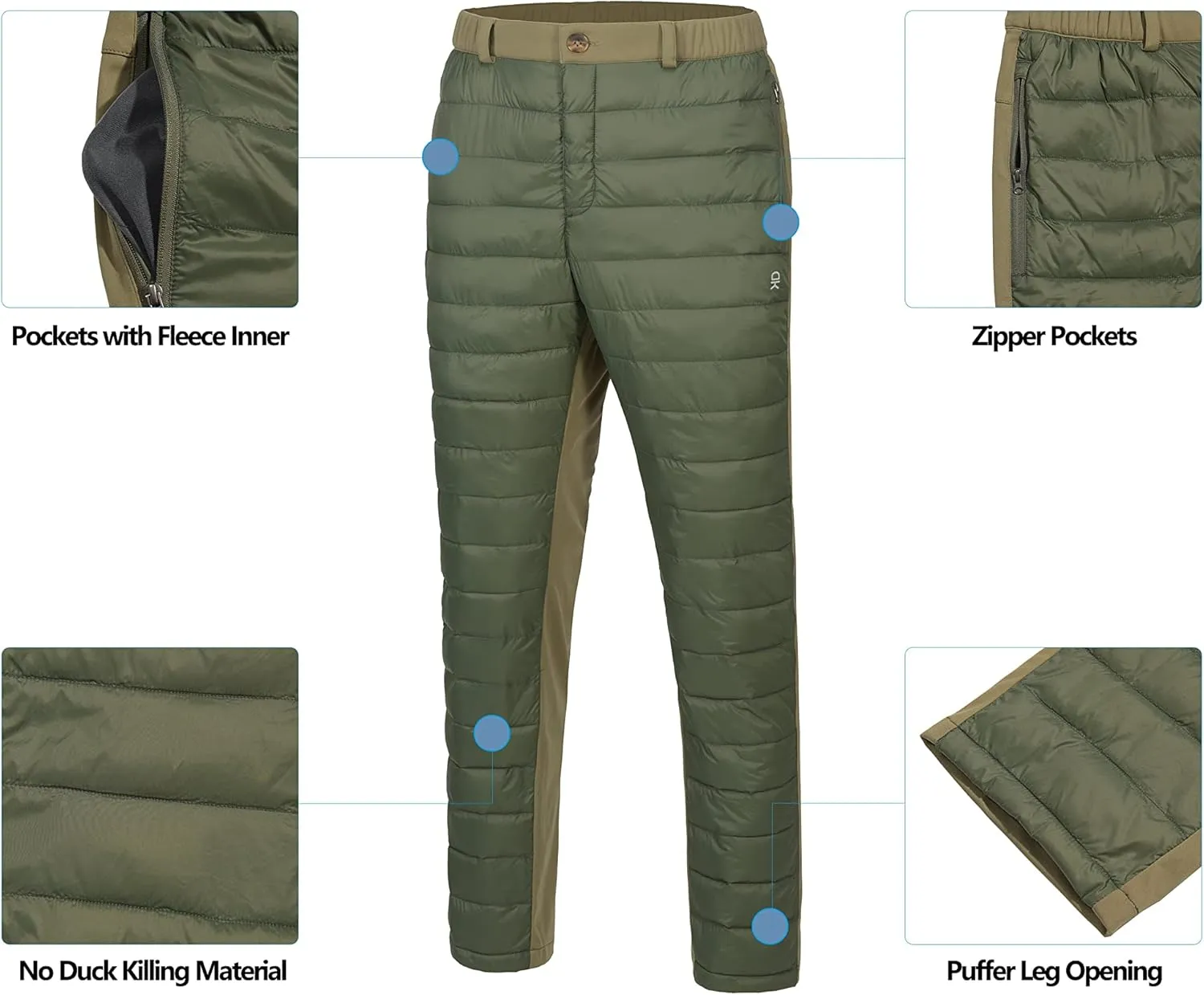Little Donkey Andy Men's Puffer Pants Warm Fleece Lined Quilted Insulation Snow Ski Pants