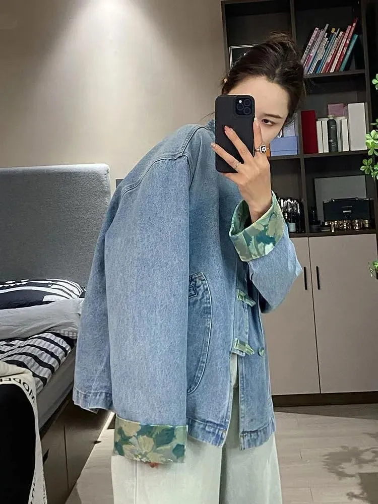 LIXINGHEITANG Chinese Style Button Denim Jacket for Women Spring and Autumn Women' Outerwear Jeans