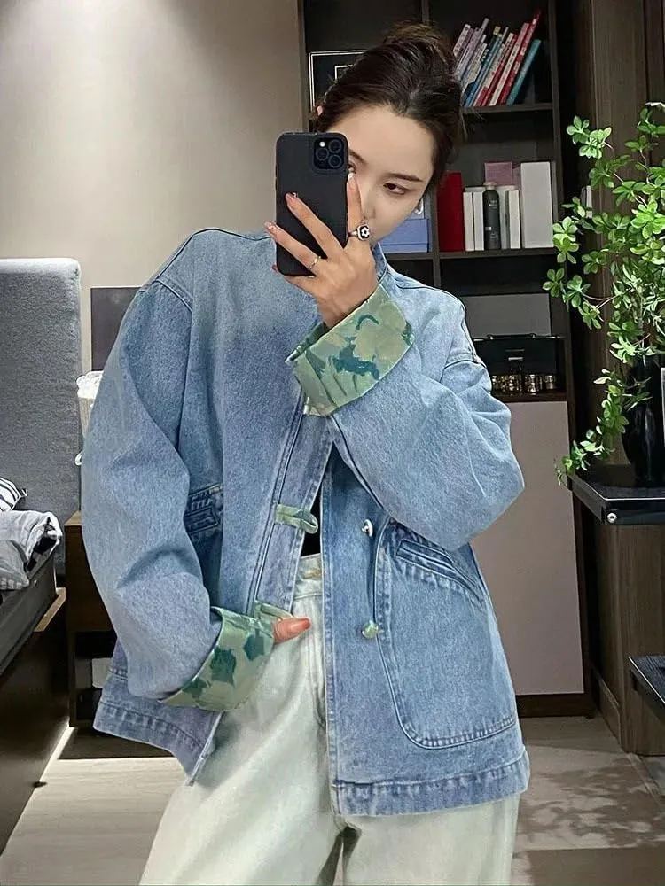 LIXINGHEITANG Chinese Style Button Denim Jacket for Women Spring and Autumn Women' Outerwear Jeans