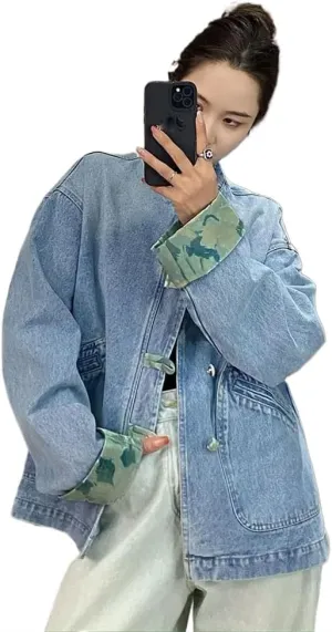 LIXINGHEITANG Chinese Style Button Denim Jacket for Women Spring and Autumn Women' Outerwear Jeans
