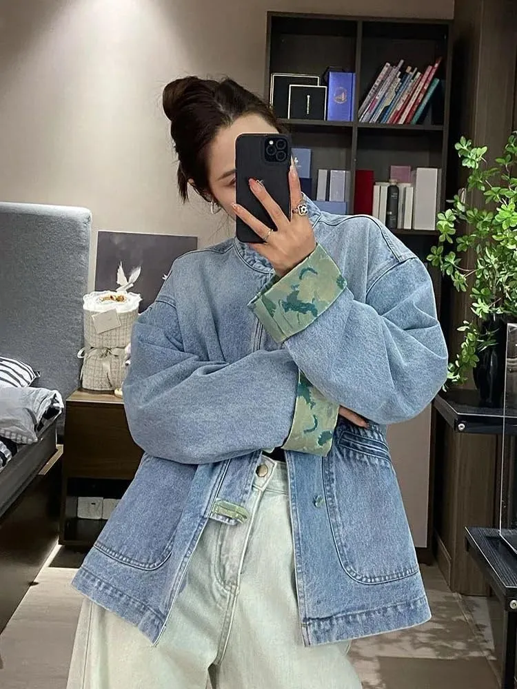 LIXINGHEITANG Chinese Style Button Denim Jacket for Women Spring and Autumn Women' Outerwear Jeans