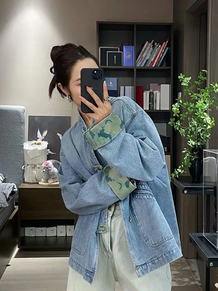 LIXINGHEITANG Chinese Style Button Denim Jacket for Women Spring and Autumn Women' Outerwear Jeans