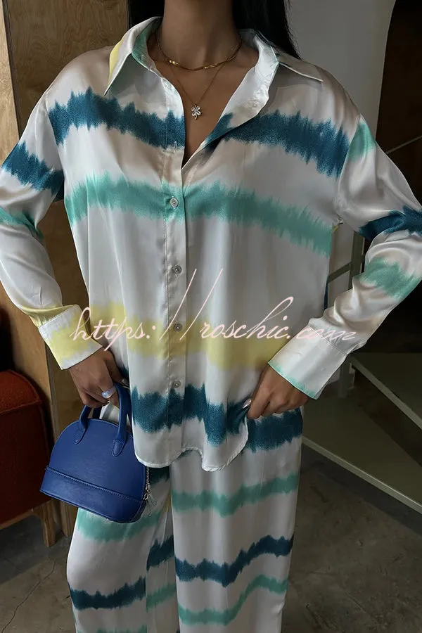 Lizbeth Satin Tie Dye Print Long Sleeve Shirt and Elastic Waist Pocketed Pants Set