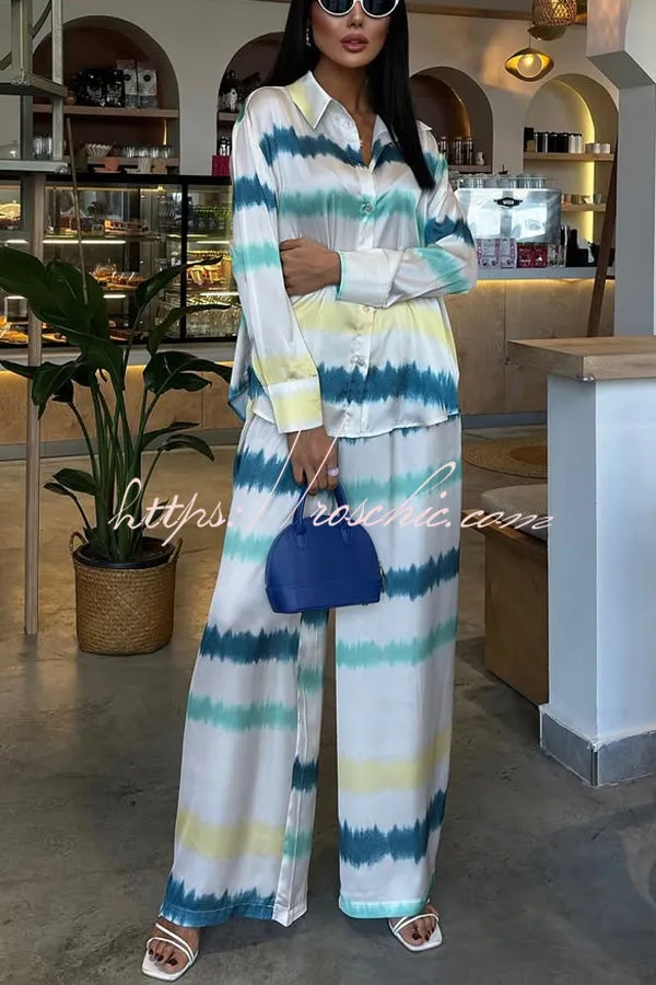 Lizbeth Satin Tie Dye Print Long Sleeve Shirt and Elastic Waist Pocketed Pants Set
