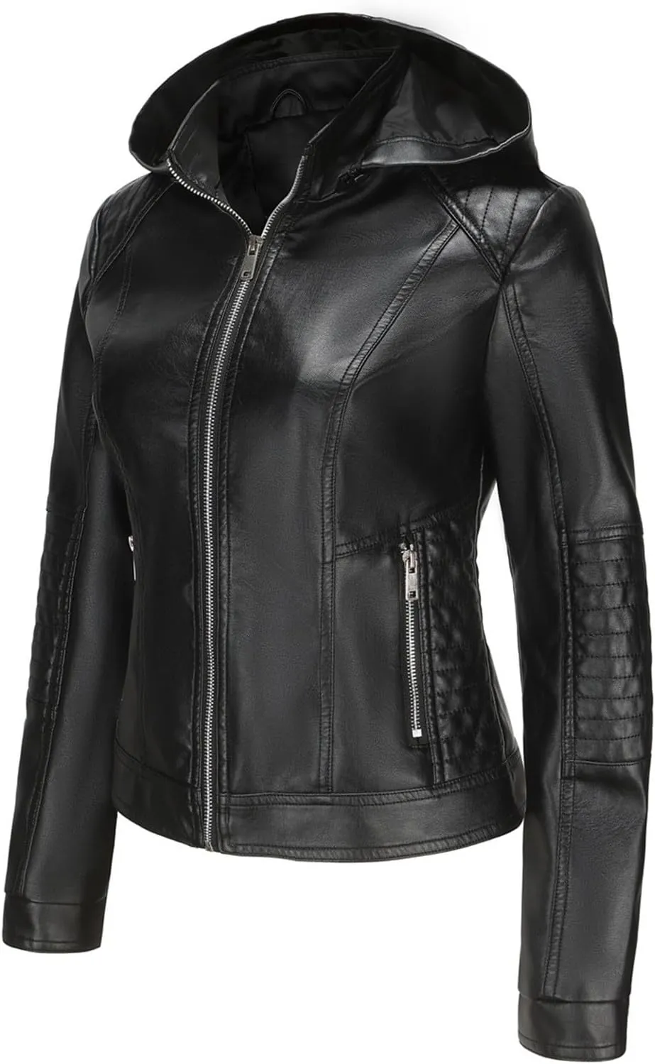 Lmdudan Faux Leather Jacket for Women Motorcycle Biker Coat with Removable Hood Plus Size Long Sleeve Zipper Coats Outwear