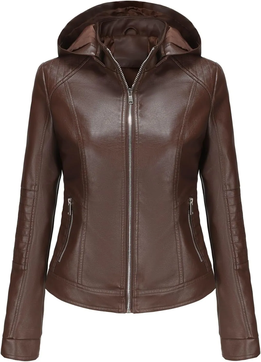 Lmdudan Faux Leather Jacket for Women Motorcycle Biker Coat with Removable Hood Plus Size Long Sleeve Zipper Coats Outwear
