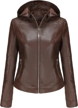 Lmdudan Faux Leather Jacket for Women Motorcycle Biker Coat with Removable Hood Plus Size Long Sleeve Zipper Coats Outwear