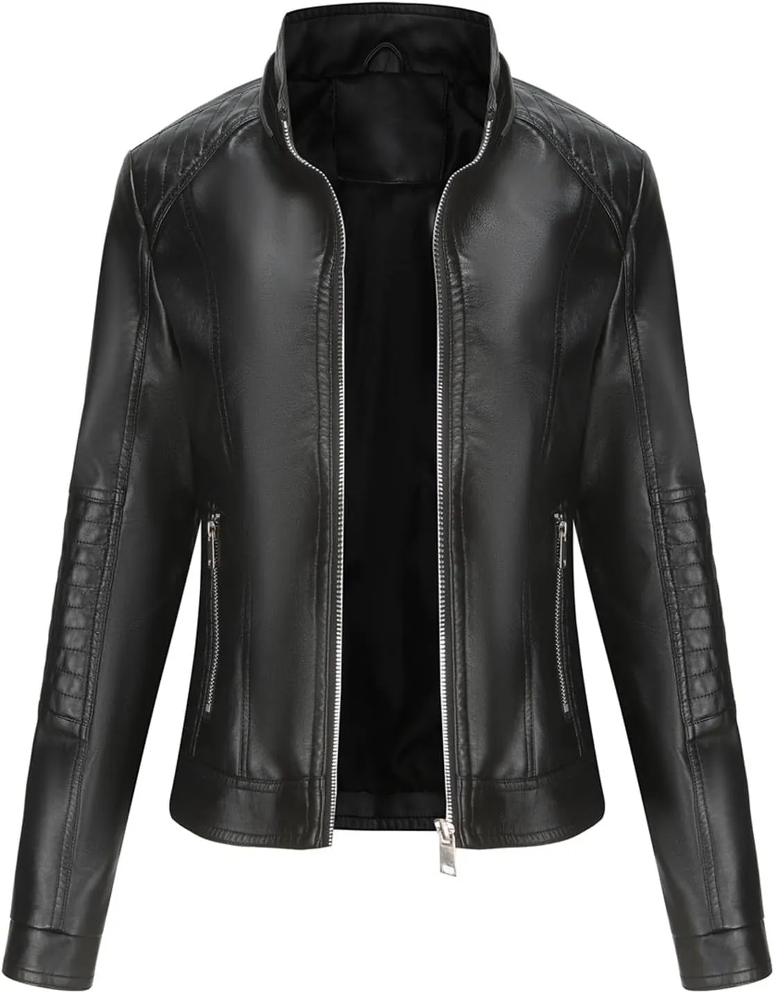 Lmdudan Faux Leather Jacket for Women Motorcycle Biker Coat with Removable Hood Plus Size Long Sleeve Zipper Coats Outwear