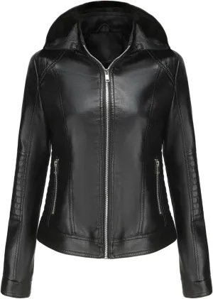 Lmdudan Faux Leather Jacket for Women Motorcycle Biker Coat with Removable Hood Plus Size Long Sleeve Zipper Coats Outwear