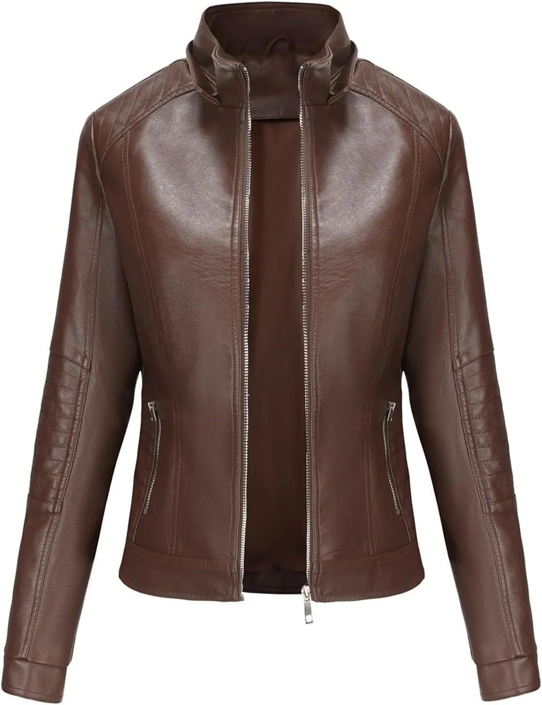 Lmdudan Faux Leather Jacket for Women Motorcycle Biker Coat with Removable Hood Plus Size Long Sleeve Zipper Coats Outwear