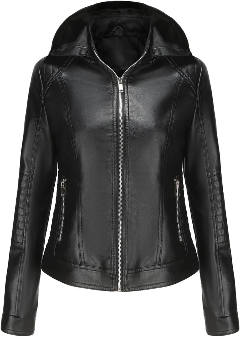 Lmdudan Faux Leather Jacket for Women Motorcycle Biker Coat with Removable Hood Plus Size Long Sleeve Zipper Coats Outwear