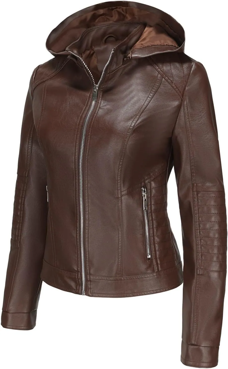 Lmdudan Faux Leather Jacket for Women Motorcycle Biker Coat with Removable Hood Plus Size Long Sleeve Zipper Coats Outwear