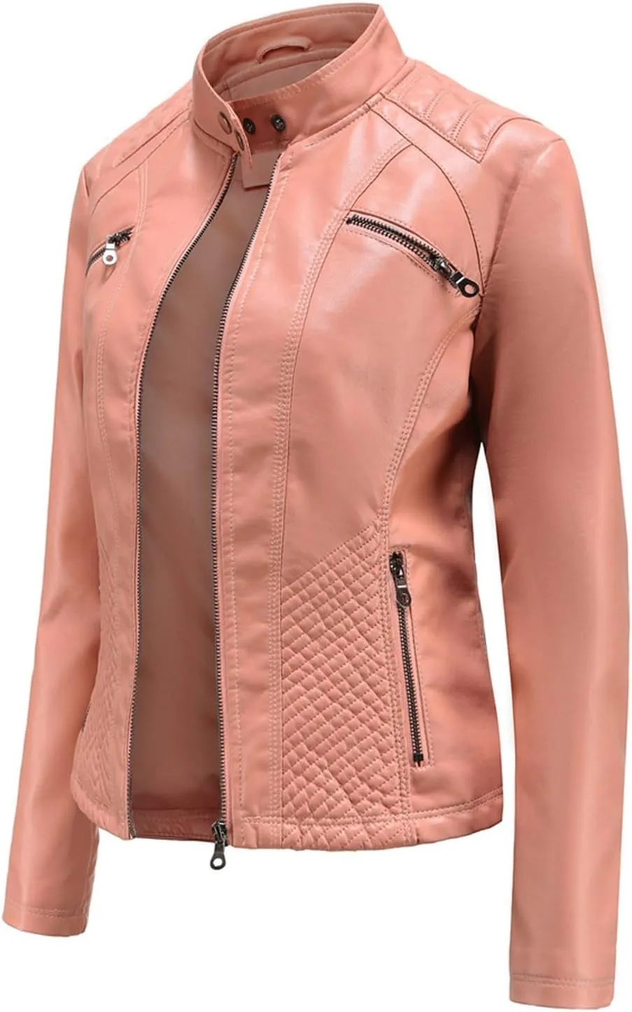 Lmdudan Faux Leather Jacket for Women Stand Collar Motorcycle Zip Up Long Sleeve Motor Biker Short Coat Outwear with Pockets