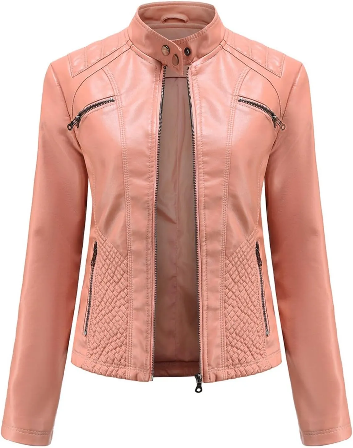 Lmdudan Faux Leather Jacket for Women Stand Collar Motorcycle Zip Up Long Sleeve Motor Biker Short Coat Outwear with Pockets