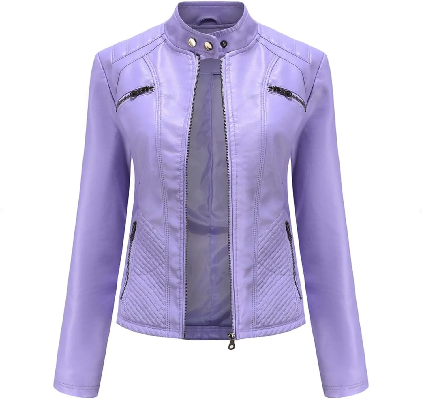 Lmdudan Faux Leather Jacket for Women Stand Collar Motorcycle Zip Up Long Sleeve Motor Biker Short Coat Outwear with Pockets