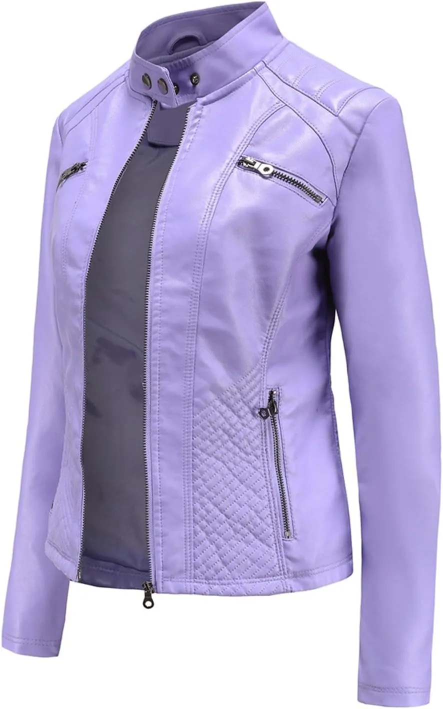 Lmdudan Faux Leather Jacket for Women Stand Collar Motorcycle Zip Up Long Sleeve Motor Biker Short Coat Outwear with Pockets
