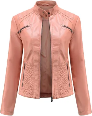 Lmdudan Faux Leather Jacket for Women Stand Collar Motorcycle Zip Up Long Sleeve Motor Biker Short Coat Outwear with Pockets
