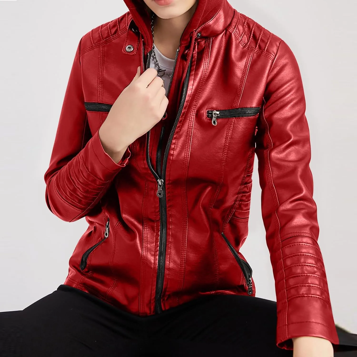 Lmdudan Hooded Leather Jacket for Women Motorcycle Coat Plus Size Long Sleeve Zipper Faux Leather Jackets Outwear & Pockets