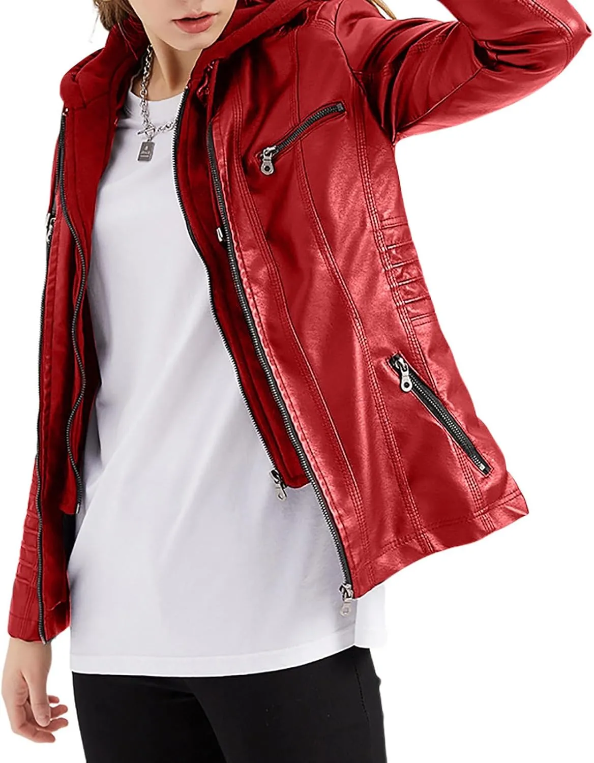 Lmdudan Hooded Leather Jacket for Women Motorcycle Coat Plus Size Long Sleeve Zipper Faux Leather Jackets Outwear & Pockets