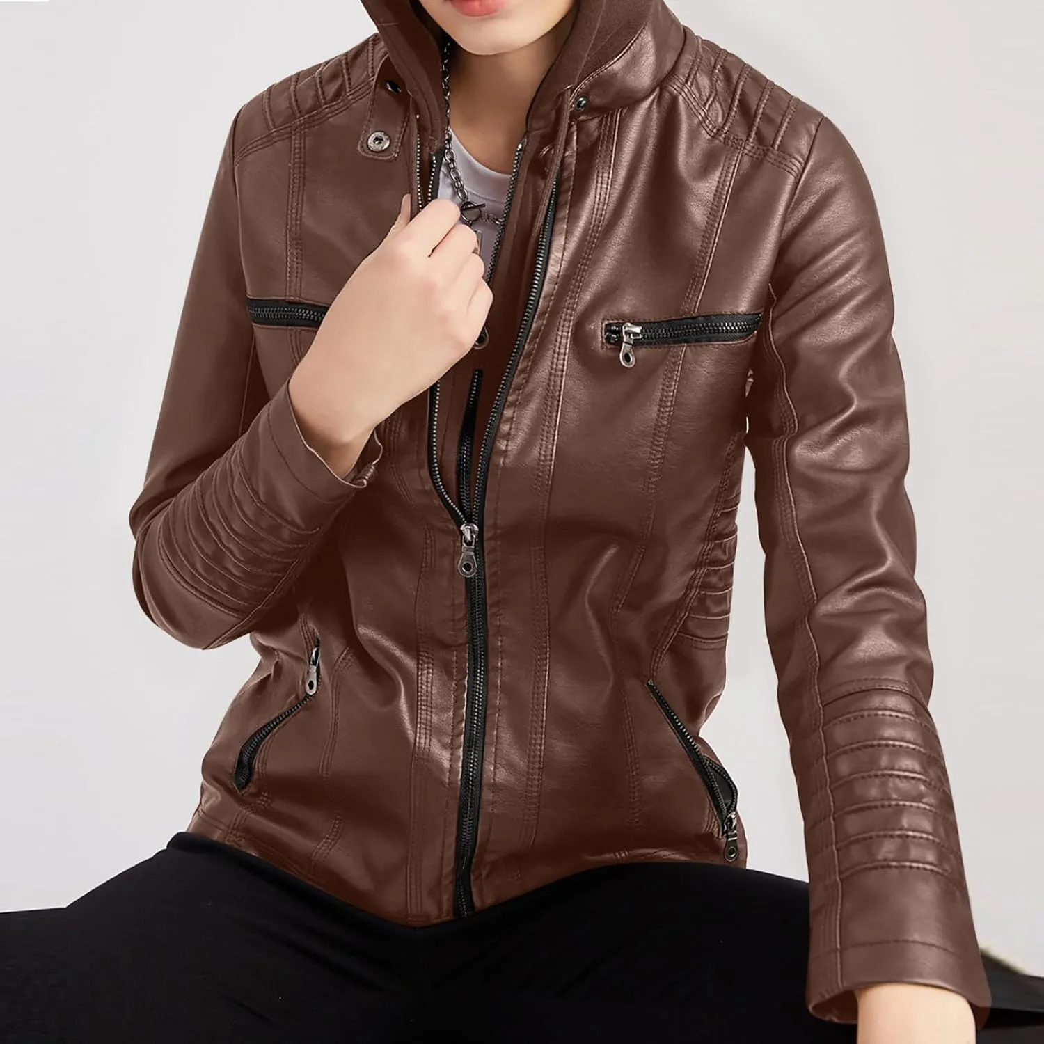 Lmdudan Hooded Leather Jacket for Women Motorcycle Coat Plus Size Long Sleeve Zipper Faux Leather Jackets Outwear & Pockets