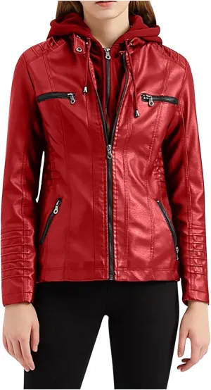 Lmdudan Hooded Leather Jacket for Women Motorcycle Coat Plus Size Long Sleeve Zipper Faux Leather Jackets Outwear & Pockets